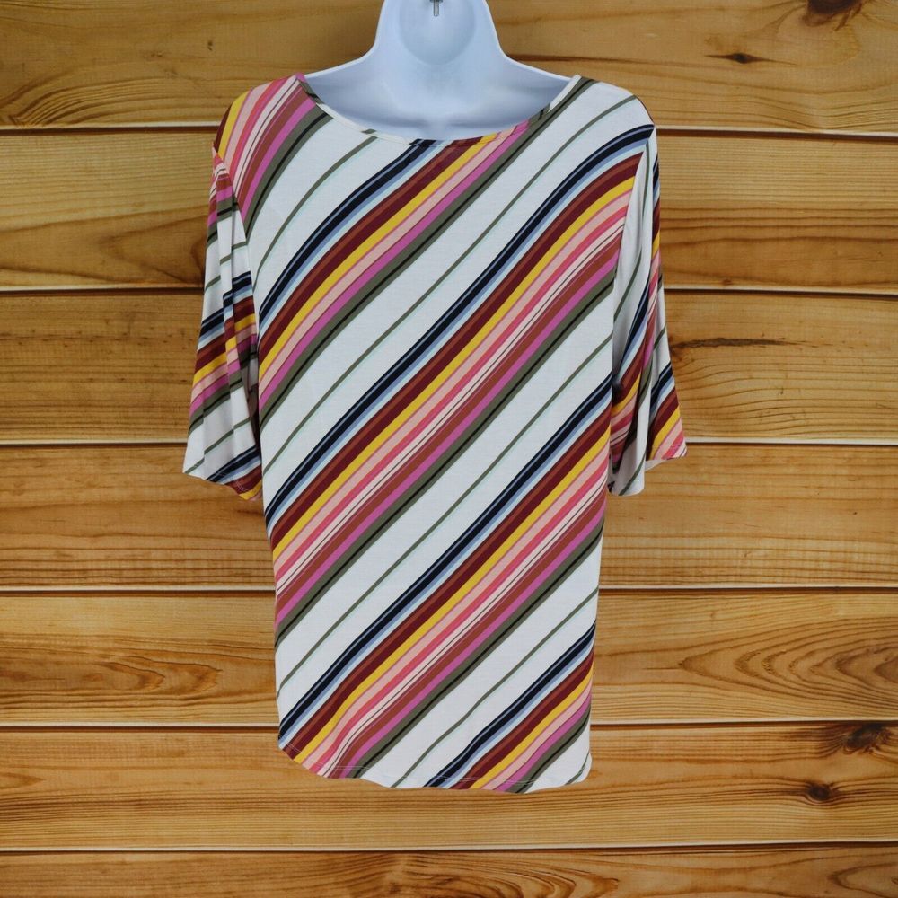 Apt. 9 Shirt Round Neck Blouse Womens Sz L Multicolor Striped Short (1/2) Sleeve - Picture 2 of 6